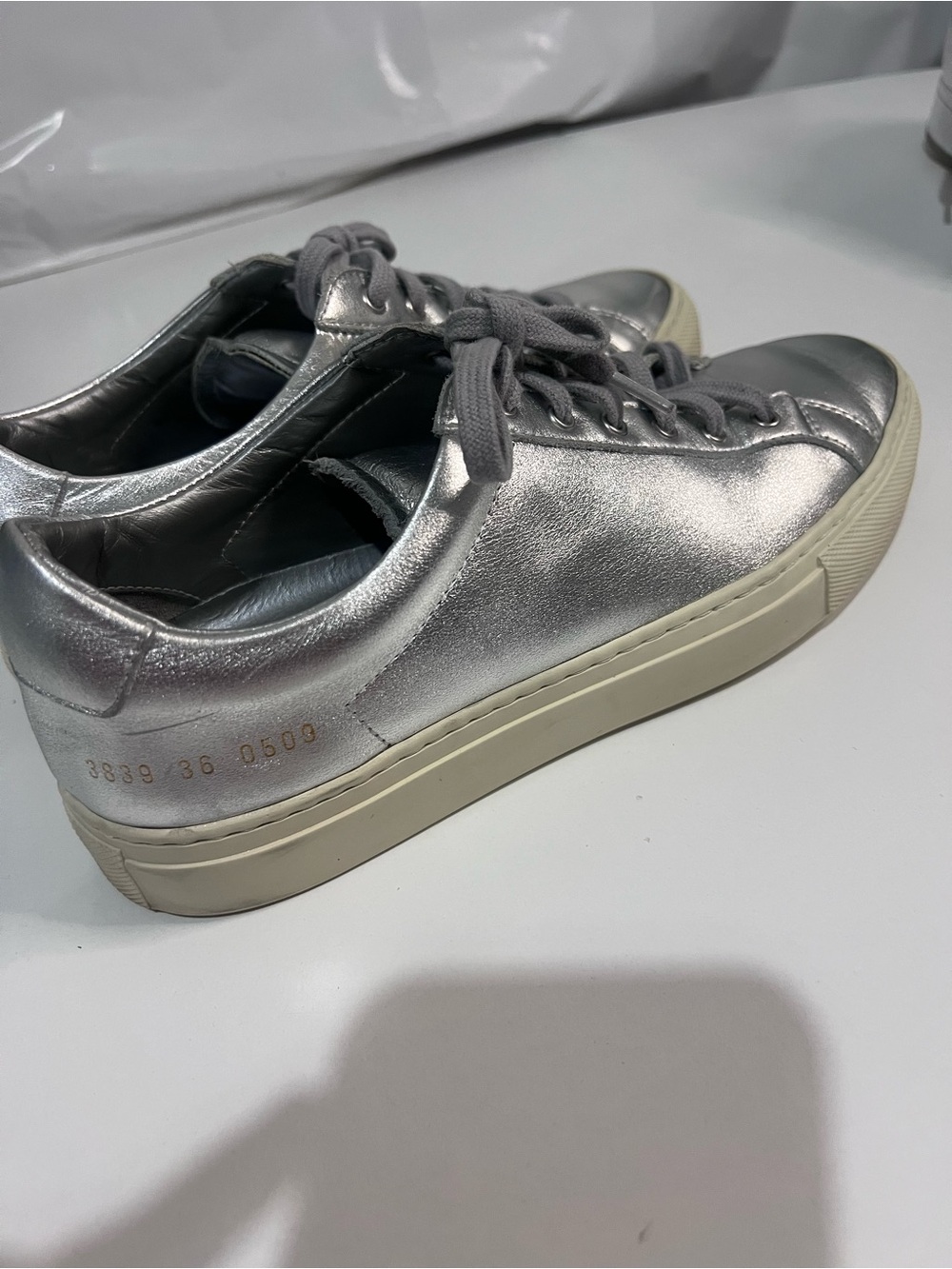 Common Projects Achilles Low Metallic Silver Sneakers - Size 36 - Read Details &